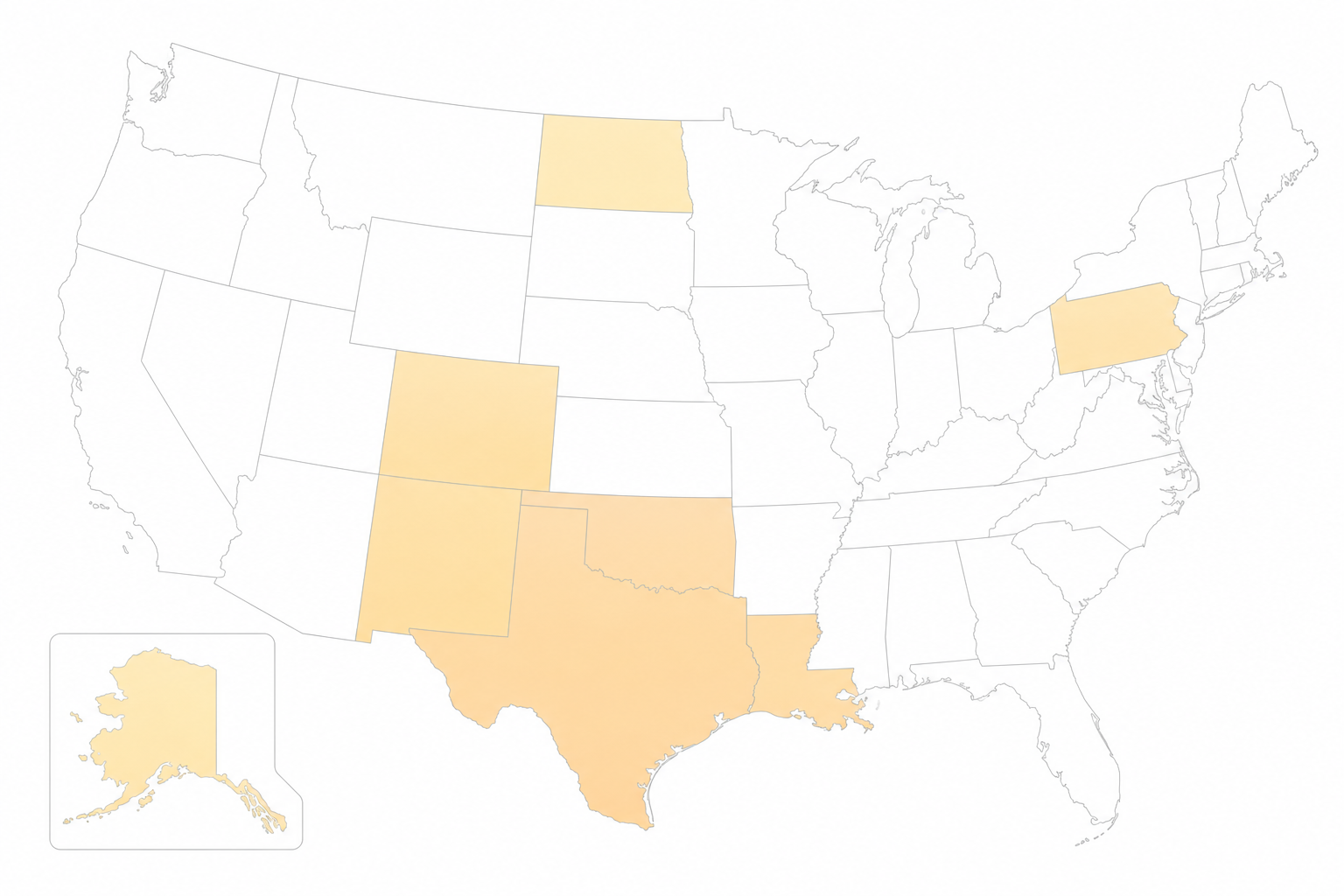 Map of the United States highlighting the top states for petroleum jobs — Texas, Louisiana, New Mexico, Oklahoma, Colorado, North Dakota, Pennsylvania, and Alaska